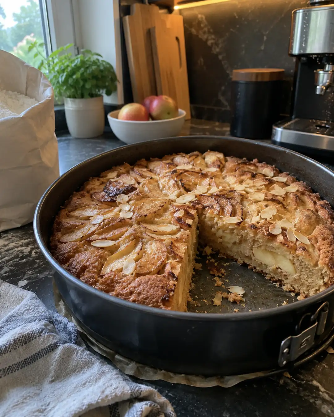 Versunkener Apfelkuchen mit Haferdrink, Apfelspalten im Teig und Mandelblättchen obenauf, ein Stück herausgeschnitten