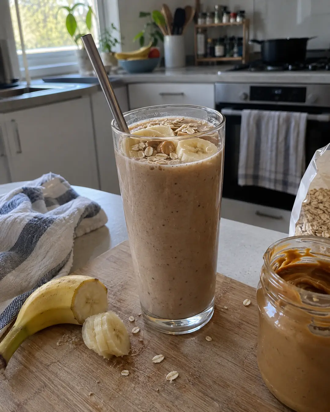 Glas Bananen-Smoothie mit Haferdrink und Haferflocken, garniert mit Bananenscheiben und Zimt