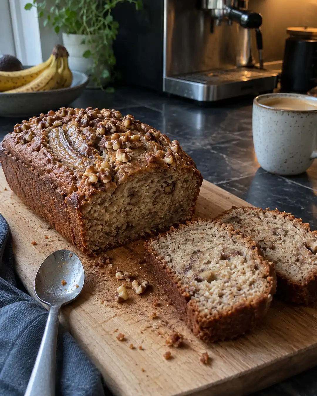 Angeschnittenes Bananenbrot mit Haferdrink und Walnüssen, saftige Krume und zwei abgeschnittene Scheiben