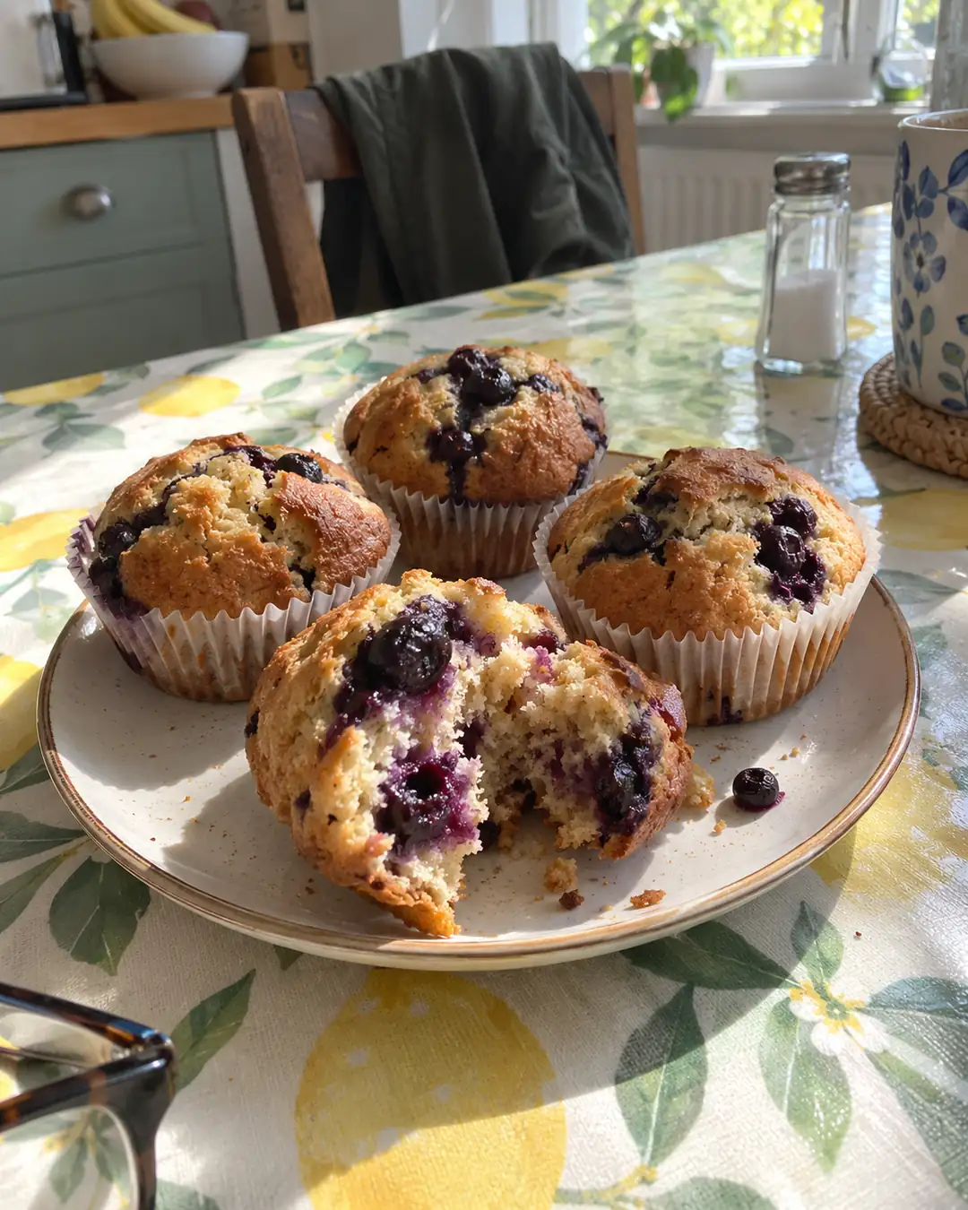 Vegane Blaubeermuffins mit Haferdrink in Papierförmchen, sichtbare Blaubeeren im Teig