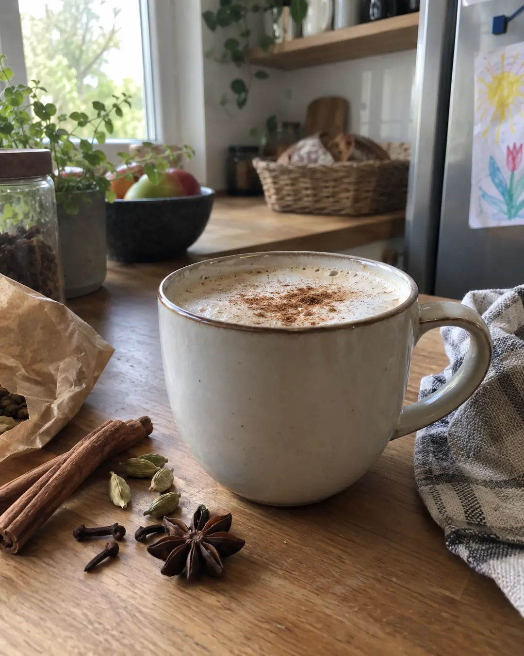 Tasse Chai Latte mit aufgeschäumtem Haferdrink und Zimt, daneben Zimtstange, Kardamom und Sternanis