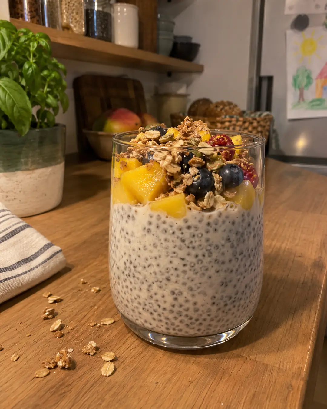 Glas Chia-Pudding mit Haferdrink, gequollene Chiasamen mit Obst und Granola getoppt