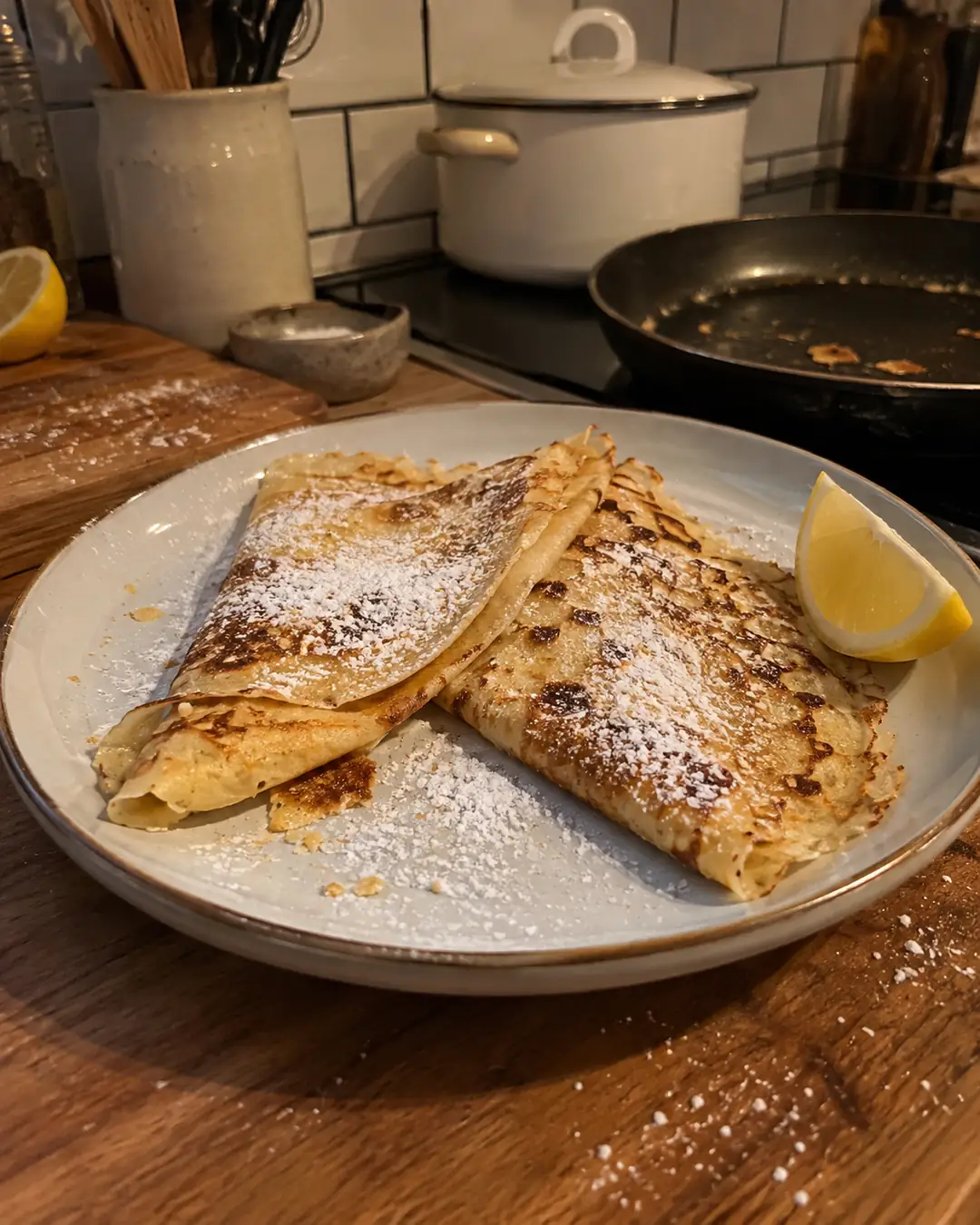 Zusammengelegte dünne Crêpes ohne Ei auf einem Teller, mit Puderzucker und einer Zitronenspalte