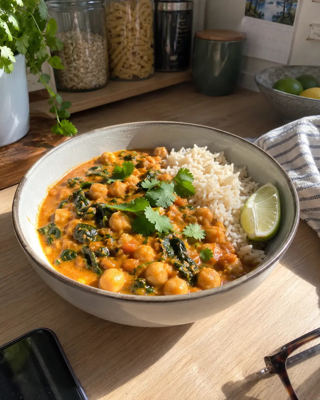 Schale Kichererbsen-Curry mit zuckerfreiem Haferdrink statt Kokosmilch, mit Spinat, Reis und Koriander