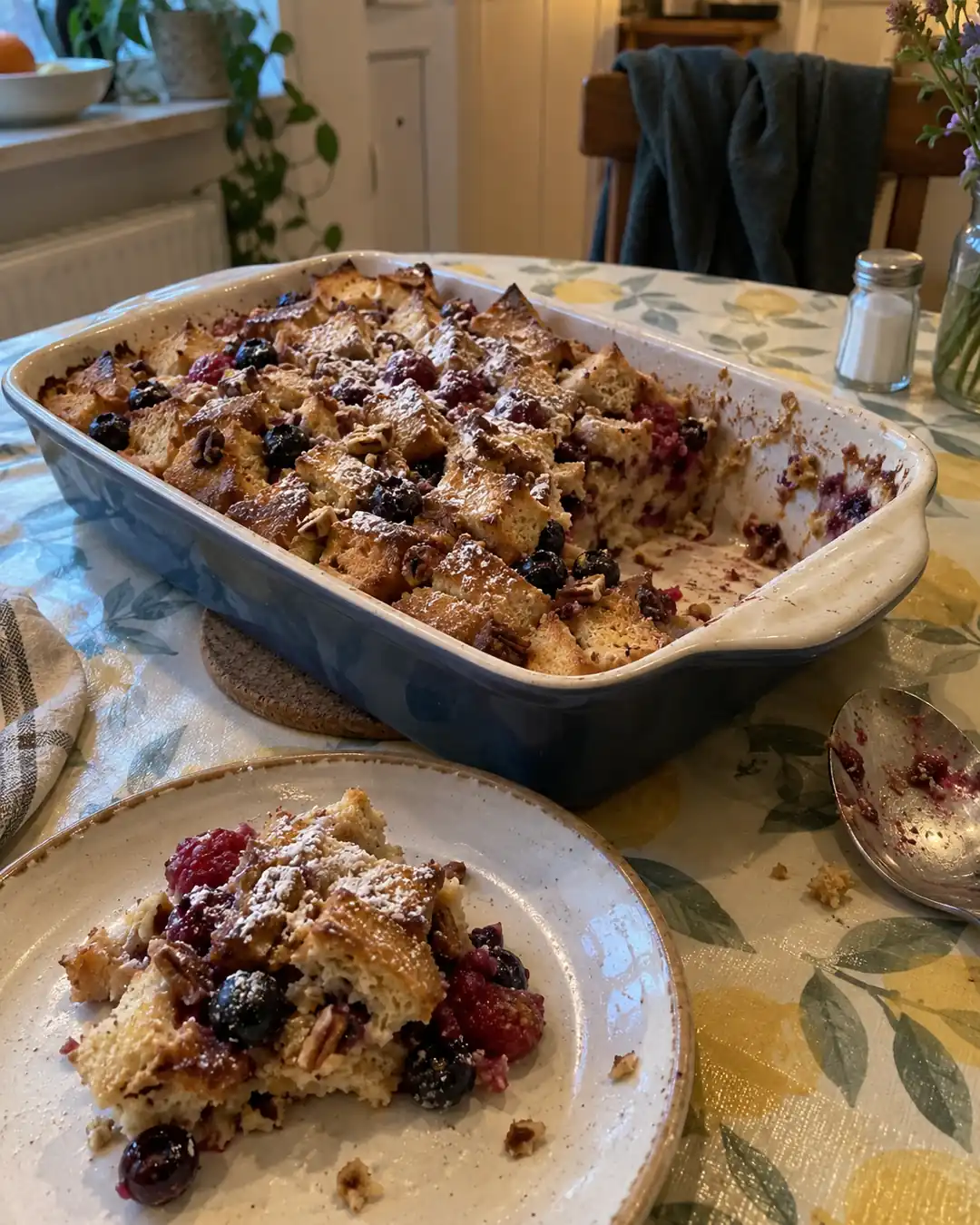 Auflaufform mit French-Toast-Auflauf aus Brotwürfeln und Haferdrink, mit Nüssen, Beeren und Puderzucker