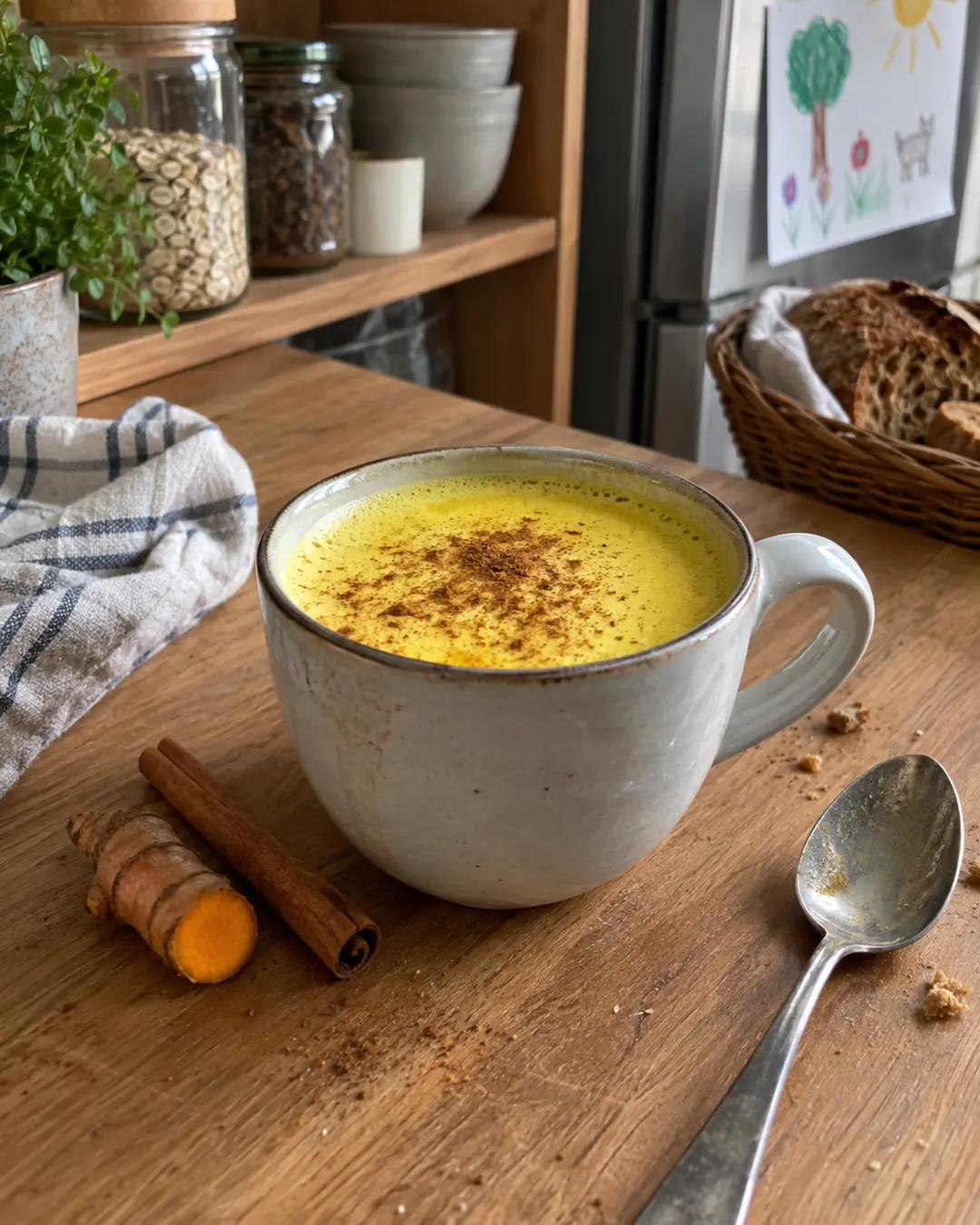 Tasse Goldene Milch aus Haferdrink mit Kurkuma und Zimt, feiner Schaum obenauf, Gewürze daneben
