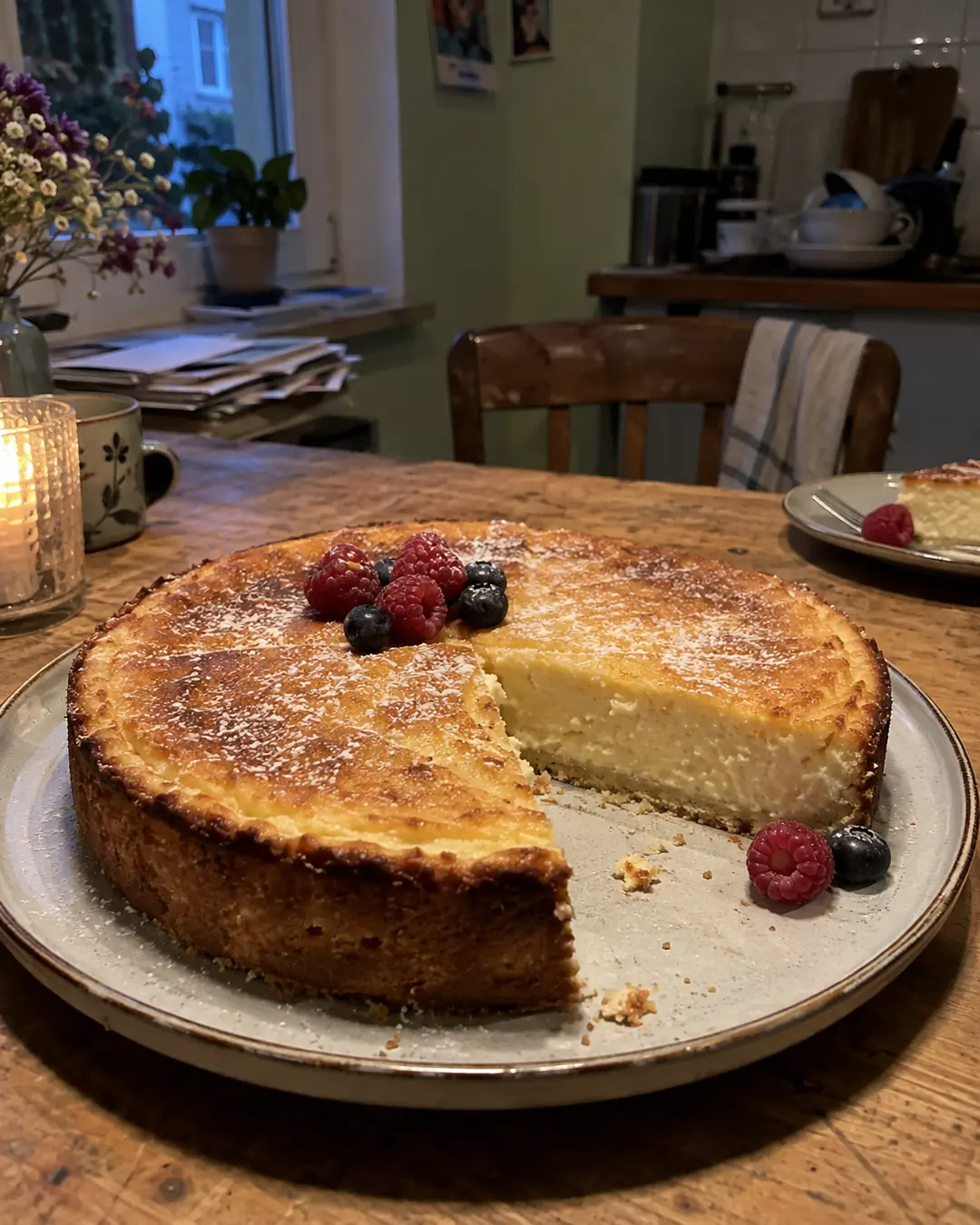 Runder Grießkuchen mit Haferdrink auf Mürbeteigboden, angeschnitten mit cremiger Füllung und Beeren