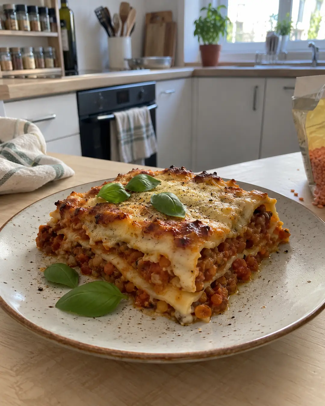 Stück vegane Lasagne mit Linsen-Bolognese und Béchamel aus zuckerfreiem Haferdrink, Schichten sichtbar