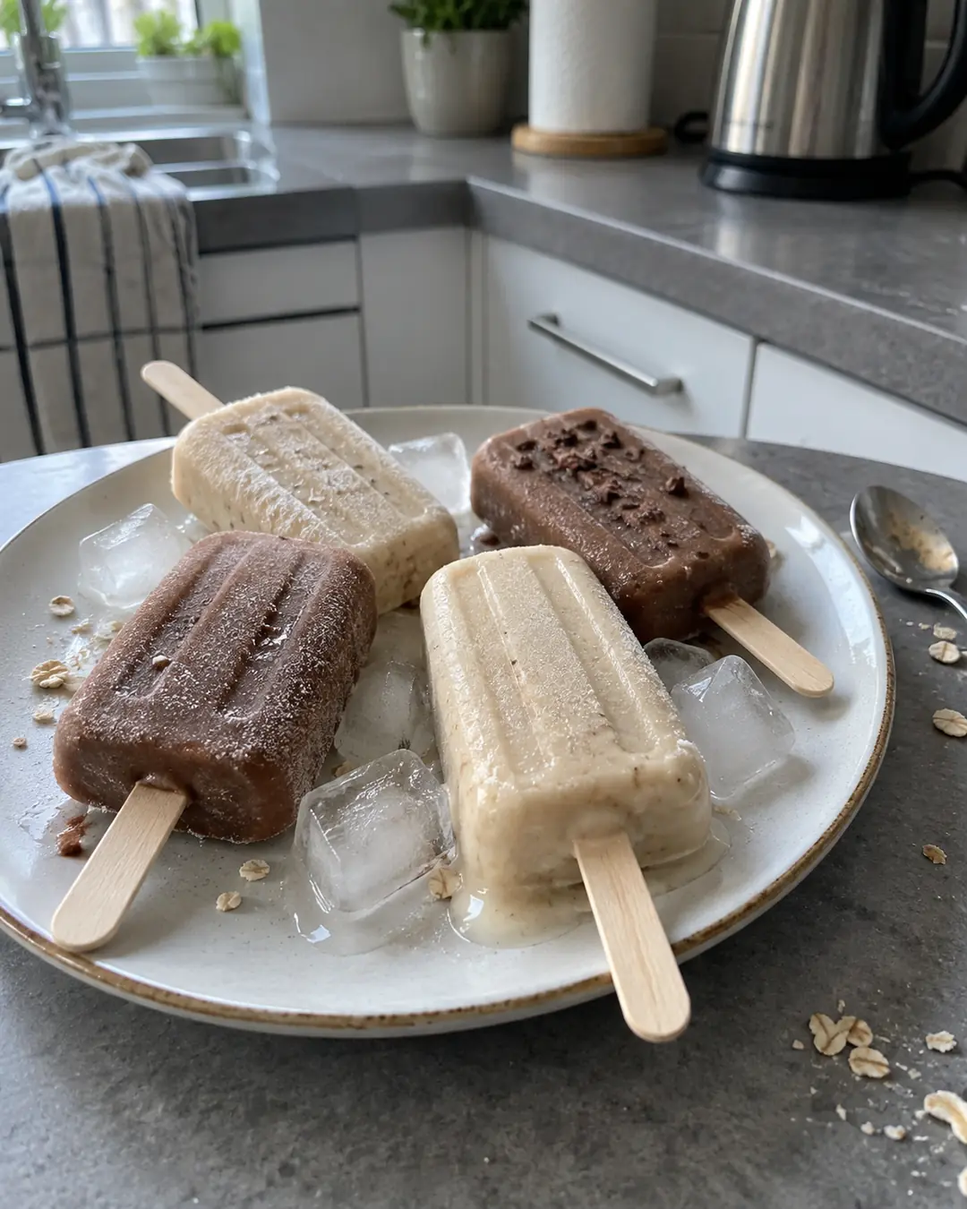 Selbst gemachtes Eis am Stiel aus Haferdrink und Banane auf einem Teller mit Eiswürfeln