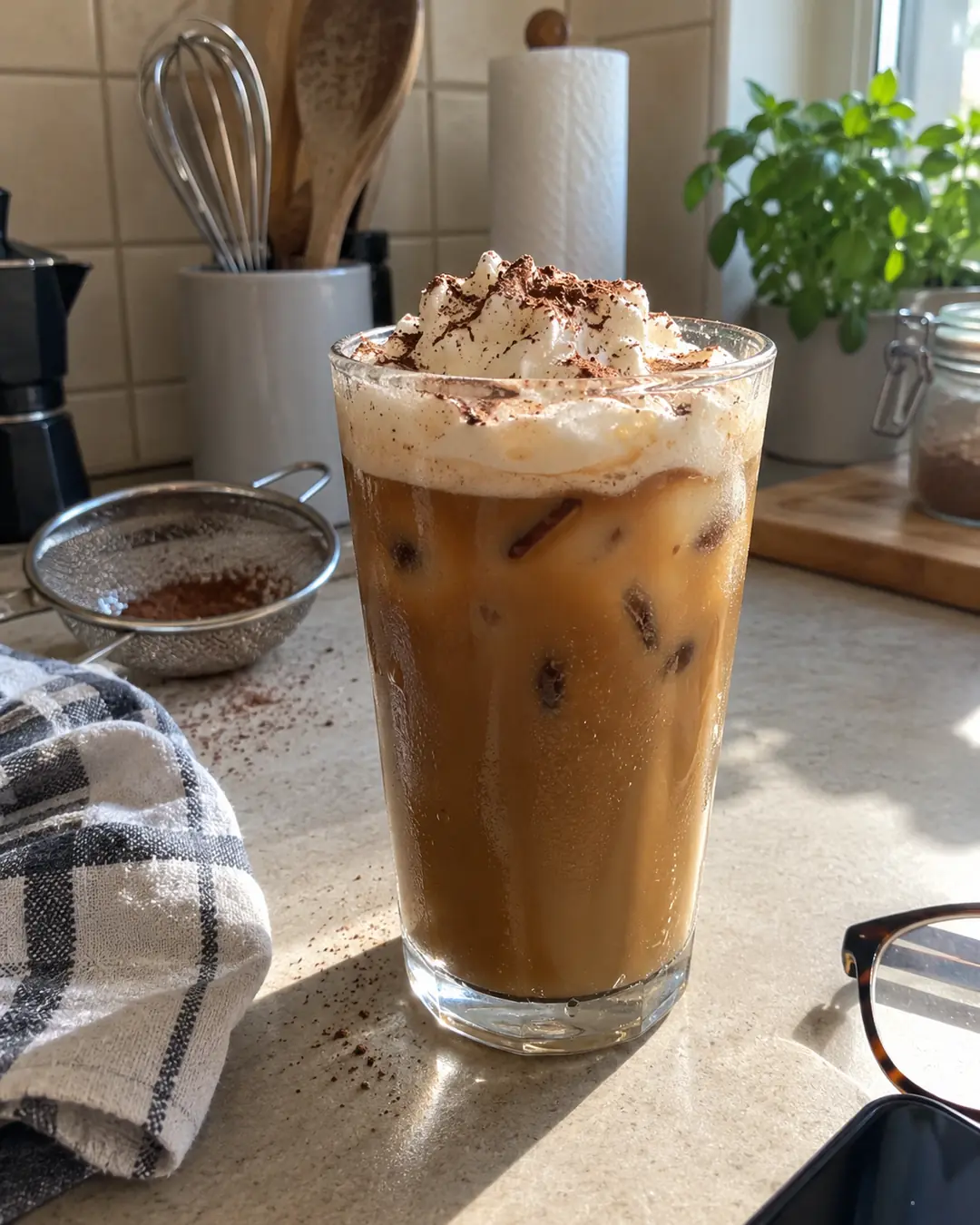 Glas Eiskaffee mit Kaffee-Eiswürfeln und kalt aufgeschlagenem Barista-Haferdrink, mit Kakao bestäubt