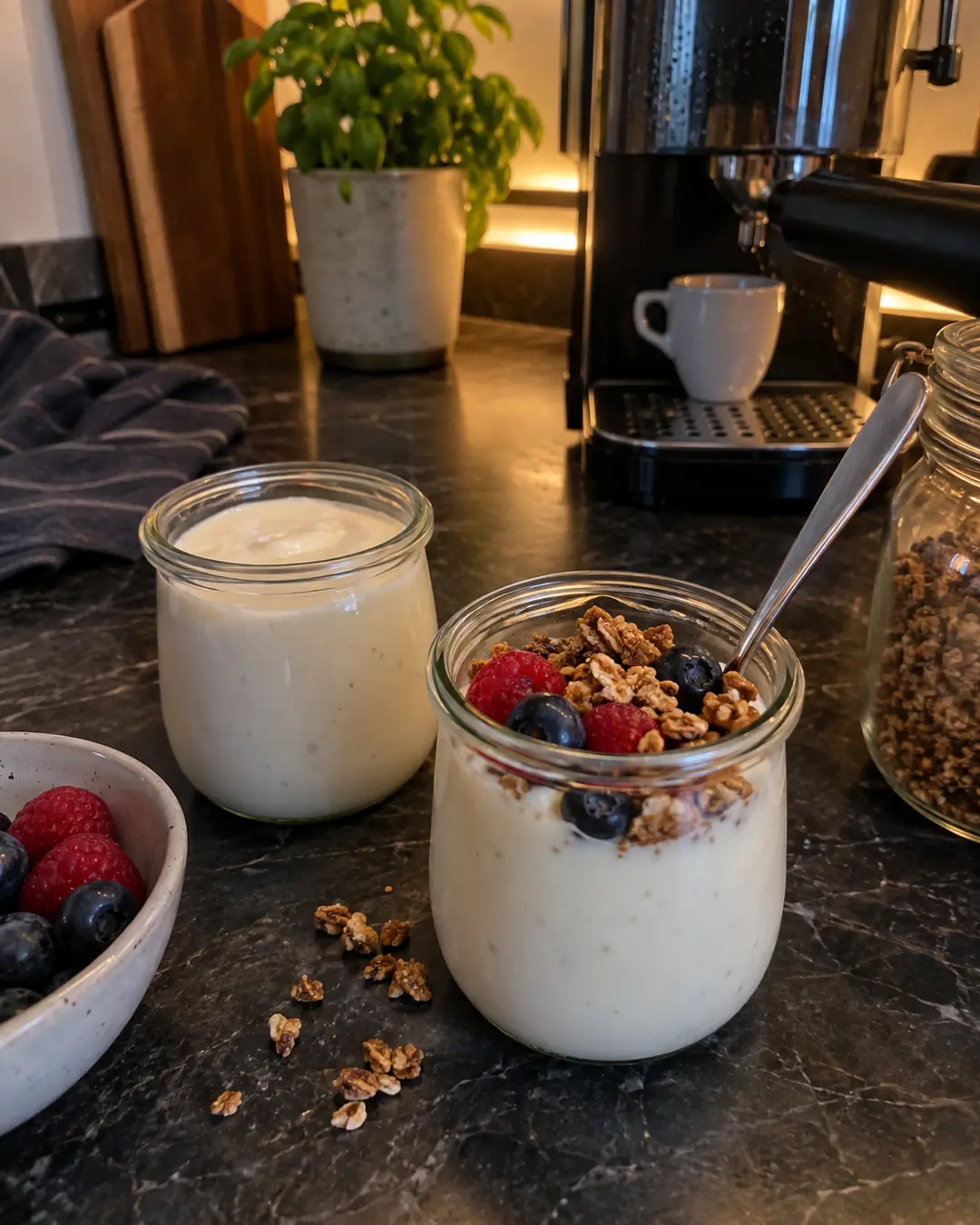 Zwei Gläser selbst fermentierter Joghurt aus Haferdrink, eines mit Beeren und Granola getoppt