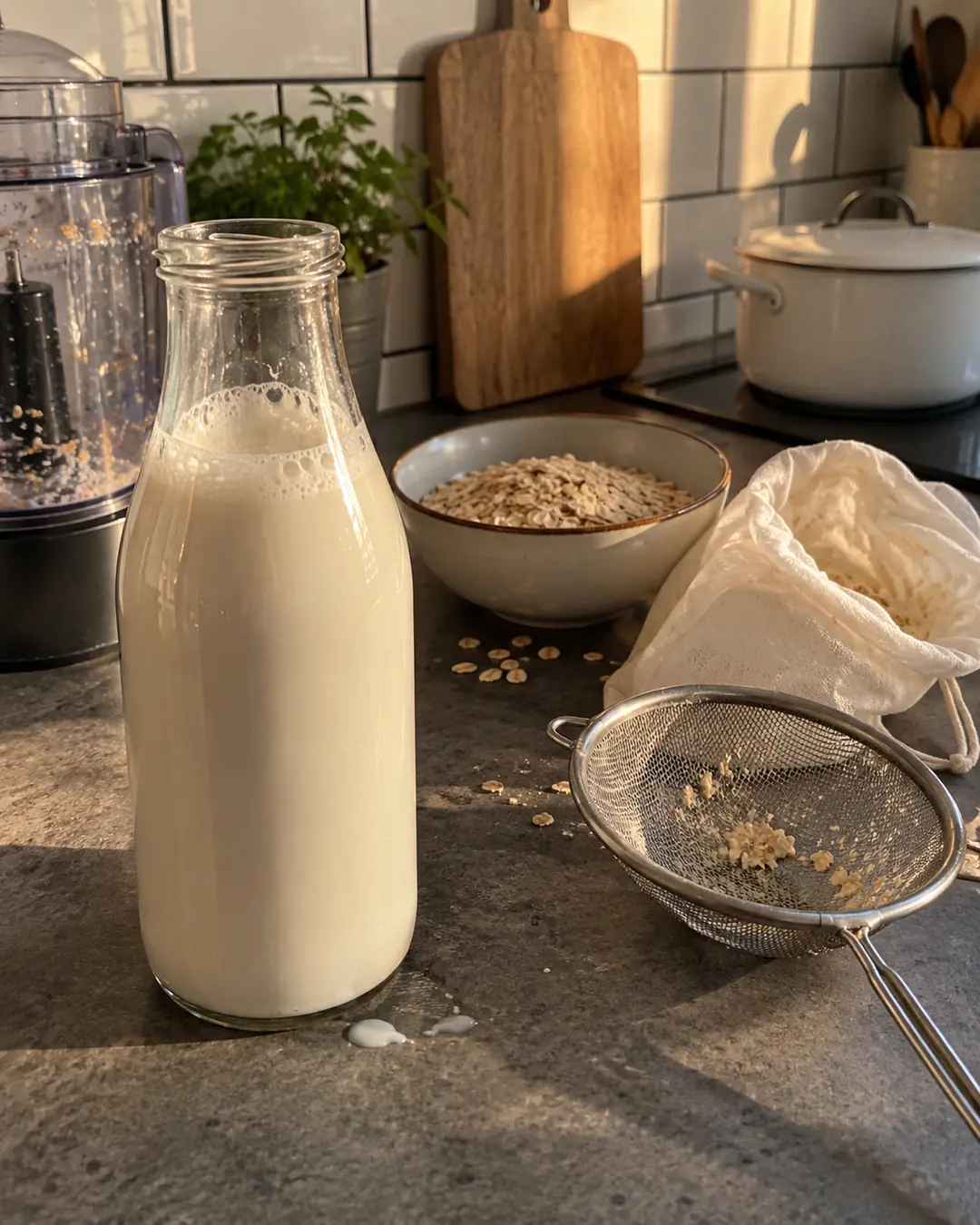 Glasflasche mit selbst gemachtem Haferdrink neben Nussmilchbeutel, Sieb und einer Schale Haferflocken