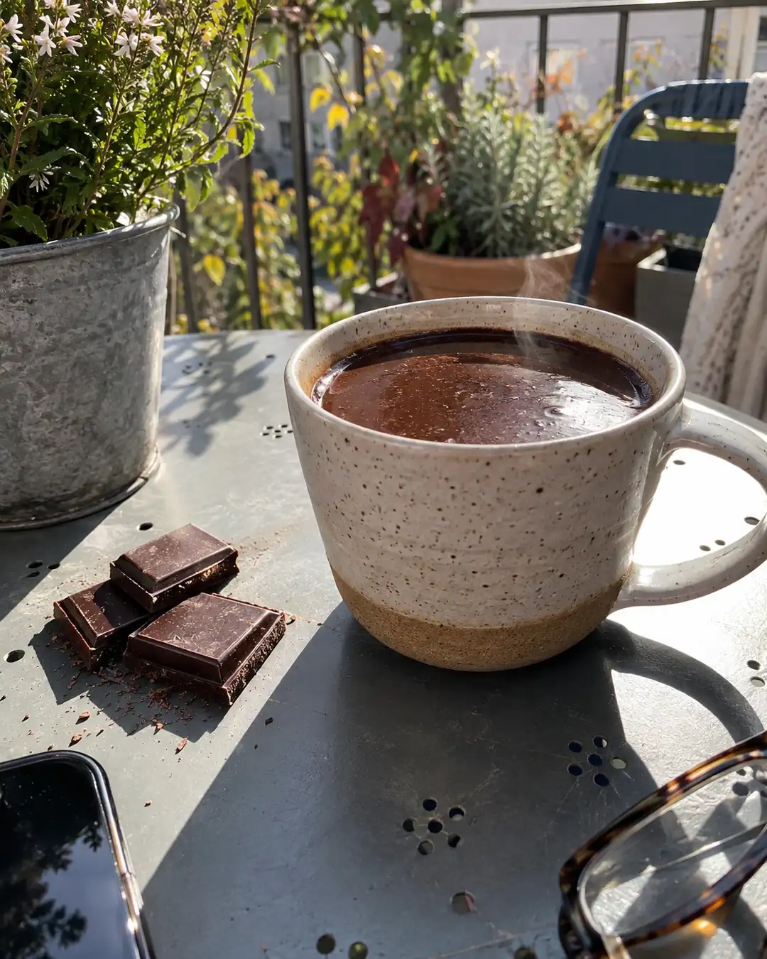 Tasse heiße Schokolade aus Haferdrink und geschmolzener Zartbitterschokolade, daneben Schokoladenstücke