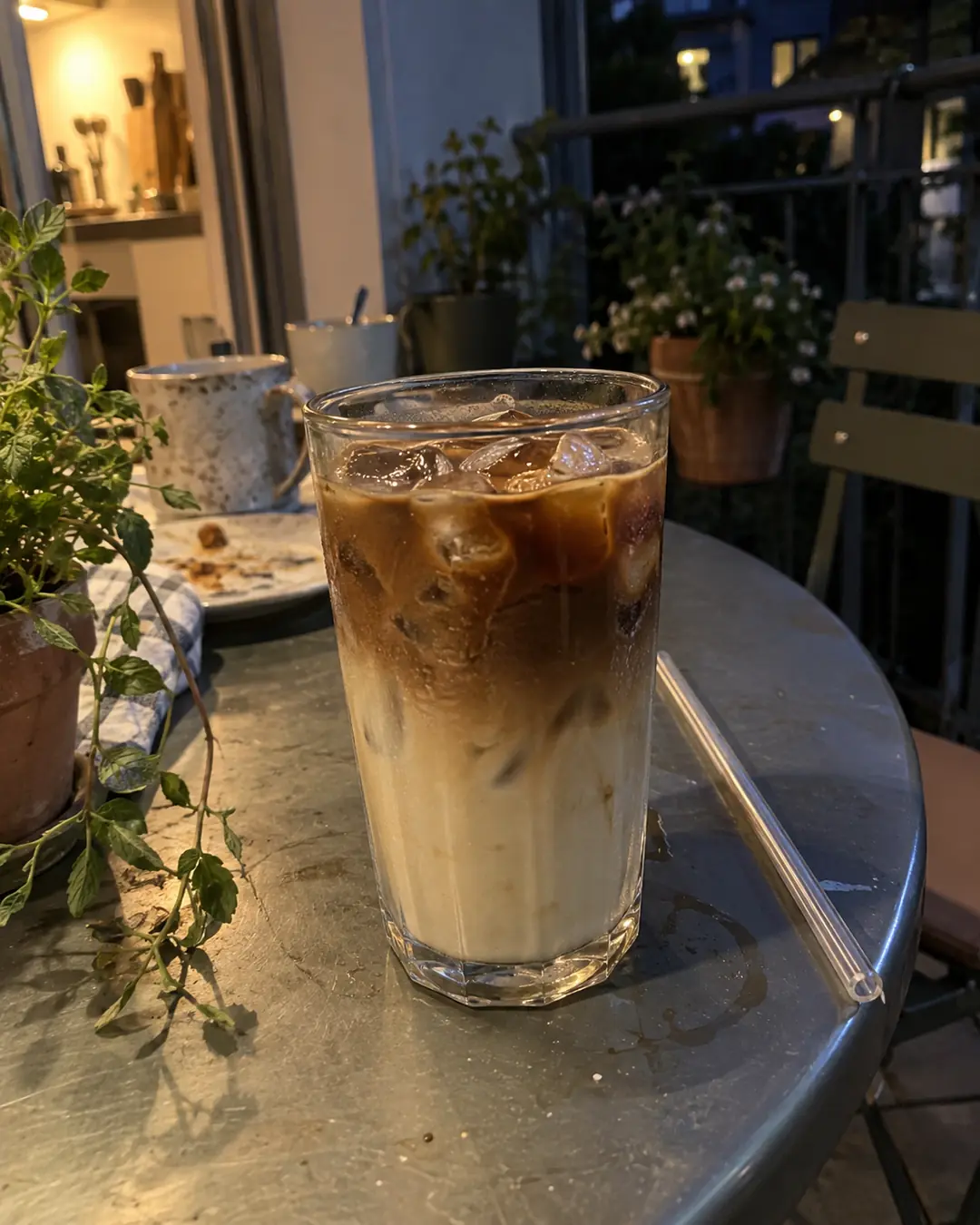 Hohes Glas Iced Oat Latte mit Eiswürfeln, unten heller Barista-Haferdrink, oben eine dunkle Espressoschicht