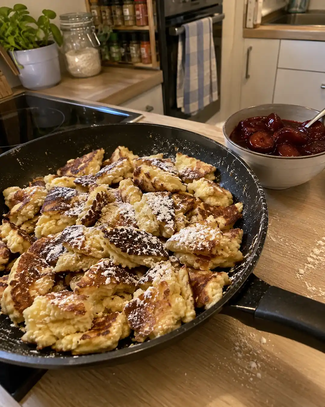 Pfanne mit veganem Kaiserschmarrn aus Haferdrink und Aquafaba, mit Puderzucker bestäubt, Zwetschgenröster daneben