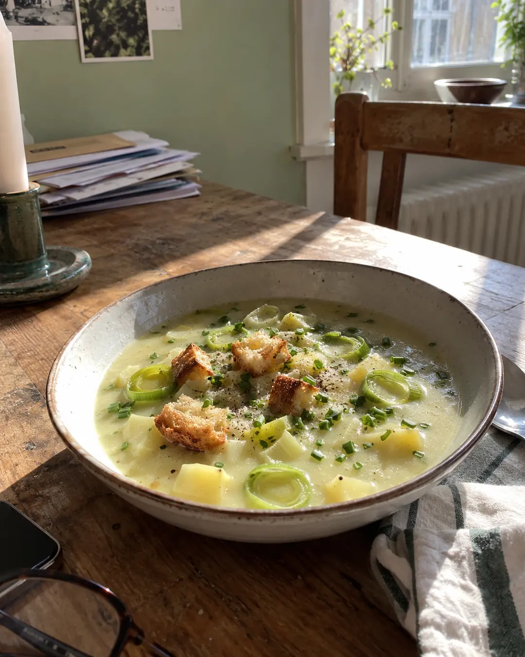 Teller cremige Kartoffel-Lauch-Suppe mit Haferdrink, mit Lauchringen und Schnittlauch bestreut