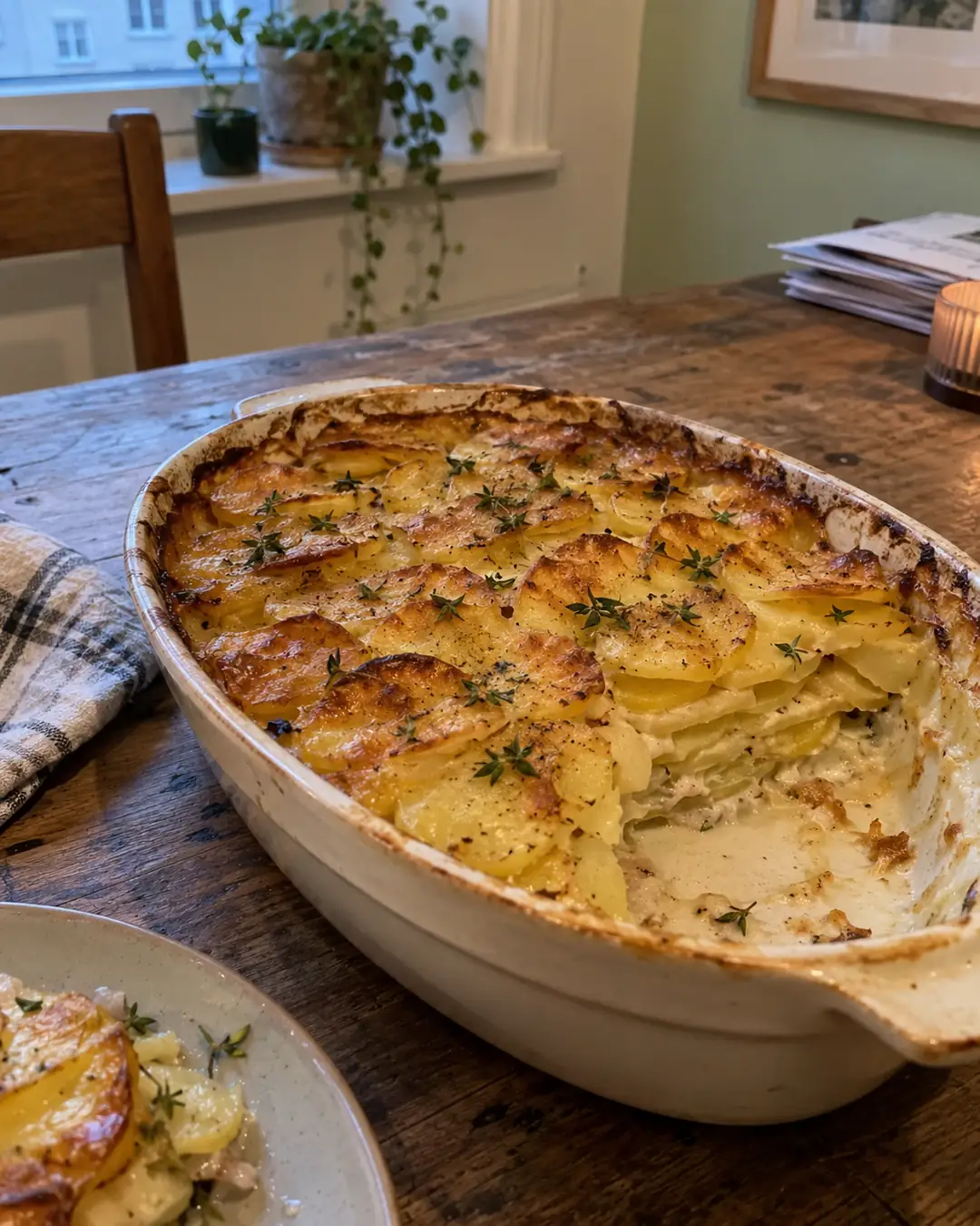 Auflaufform mit goldbraunem Kartoffelgratin, gebacken mit zuckerfreiem Haferdrink statt Sahne