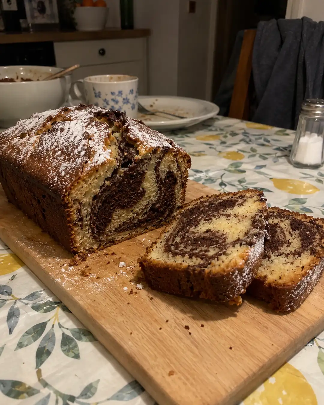 Angeschnittener veganer Marmorkuchen mit Haferdrink, zwei Scheiben zeigen die helle und dunkle Marmorierung