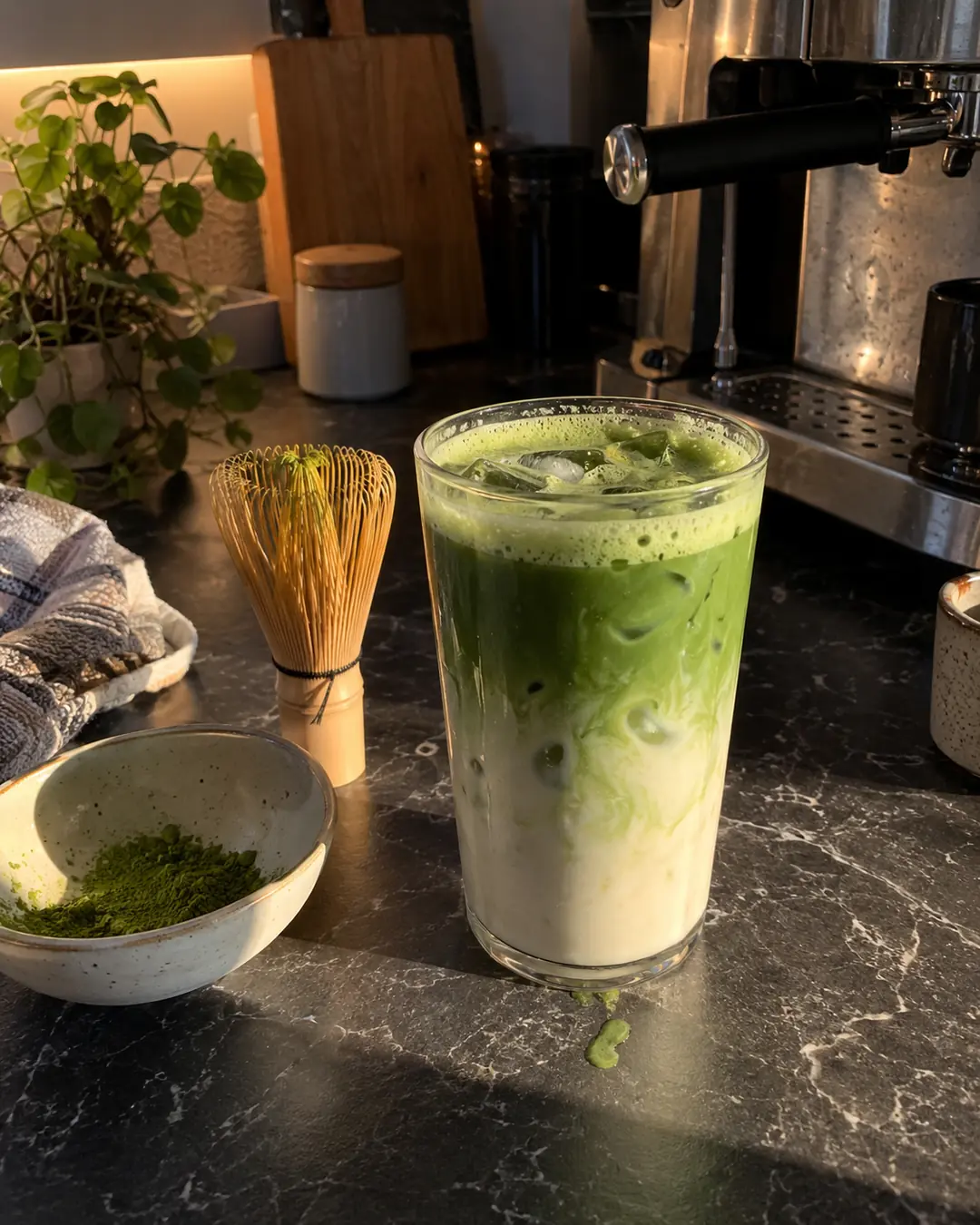 Glas Matcha Latte mit Barista-Haferdrink, grüne Matcha-Schicht oben, Bambusbesen und Matcha-Pulver daneben