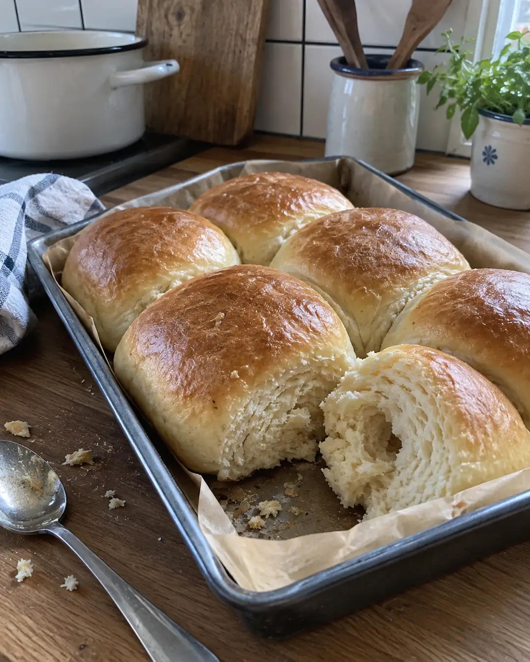 Weiche helle Milchbrötchen aus Hefeteig mit Haferdrink, dicht an dicht gebacken, eines aufgerissen