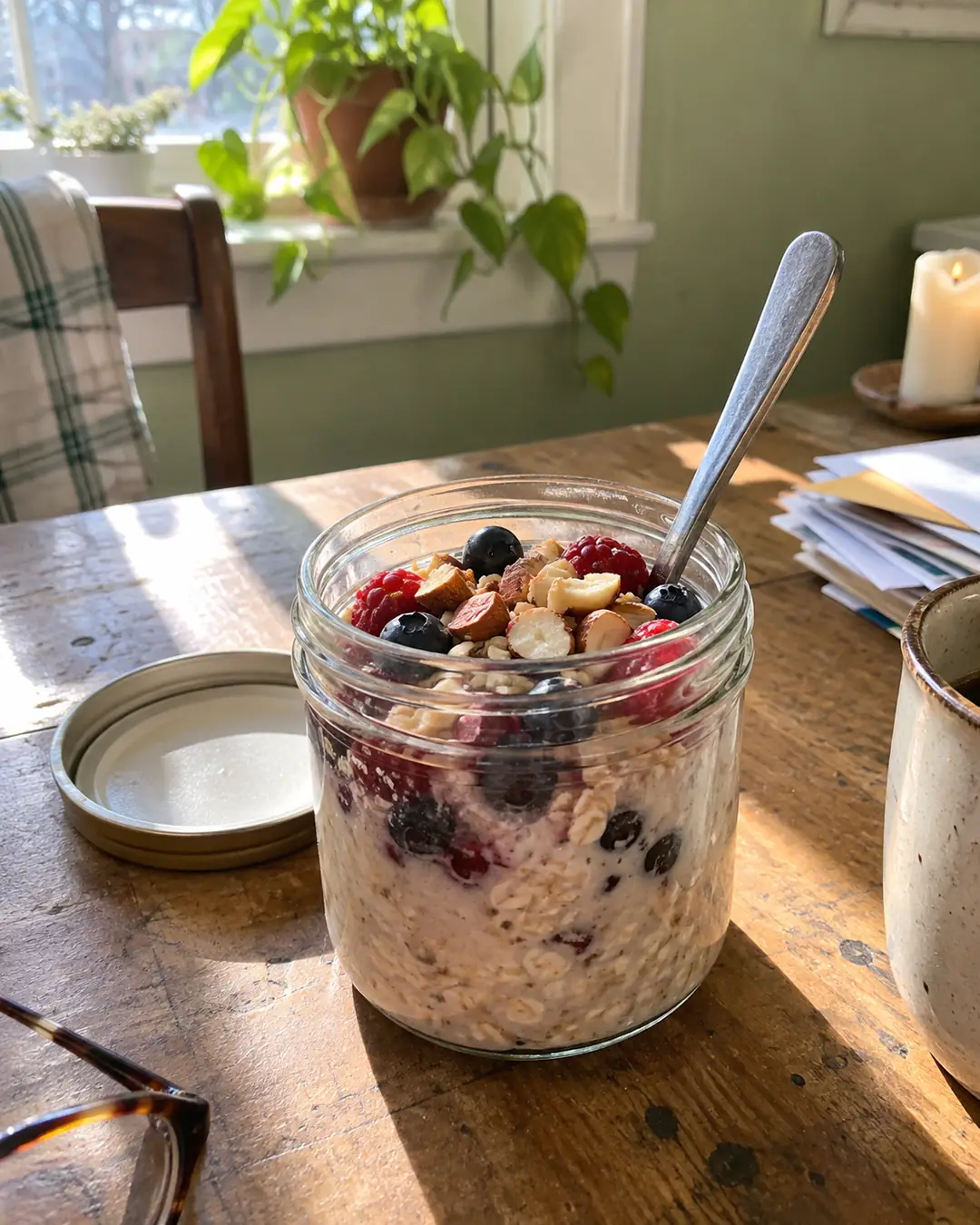 Einmachglas mit Overnight Oats aus Haferflocken und Haferdrink, oben Beeren und gehackte Nüsse, Löffel steckt im Glas