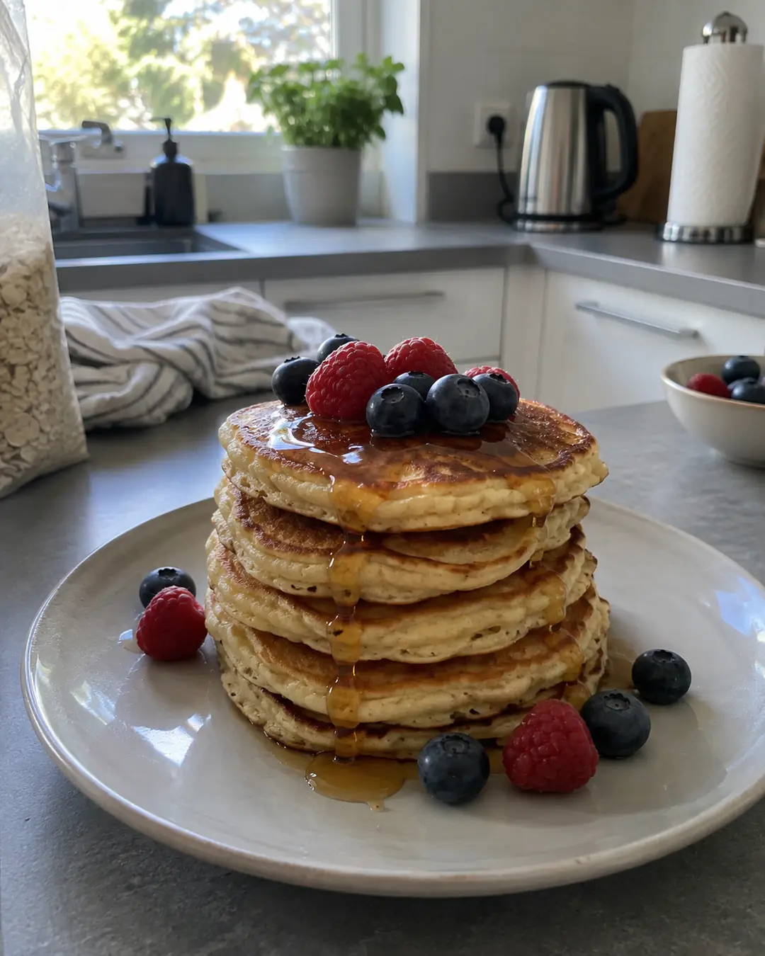 Stapel goldbrauner veganer Pancakes mit Haferdrink auf einem Teller, mit Ahornsirup übergossen und Beeren daneben