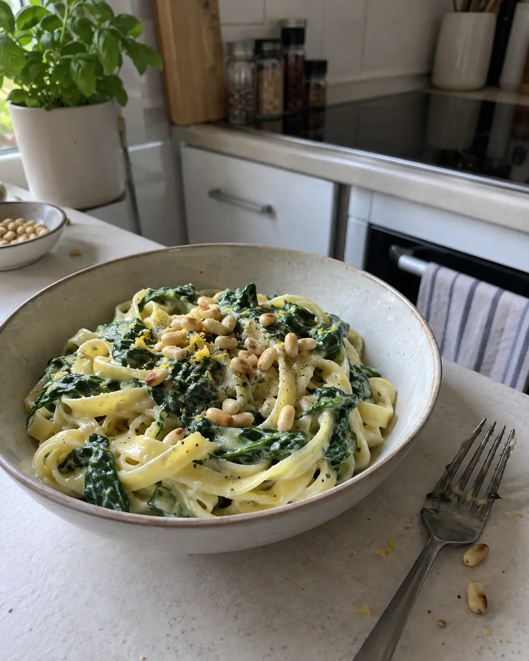 Teller Tagliatelle in cremiger Spinat-Sahnesauce aus zuckerfreiem Haferdrink mit Pinienkernen