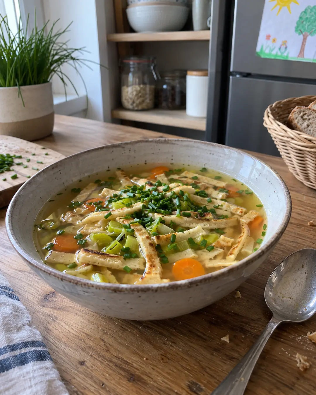 Teller Flädlesuppe mit feinen Pfannkuchenstreifen aus Haferdrink in klarer Brühe, mit Schnittlauch