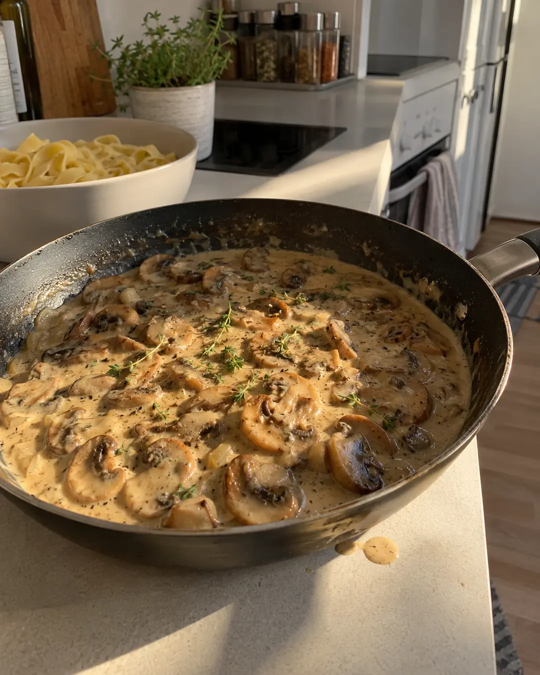 Pfanne mit gebratenen Champignons in heller Rahmsauce aus Haferdrink, mit Thymian bestreut