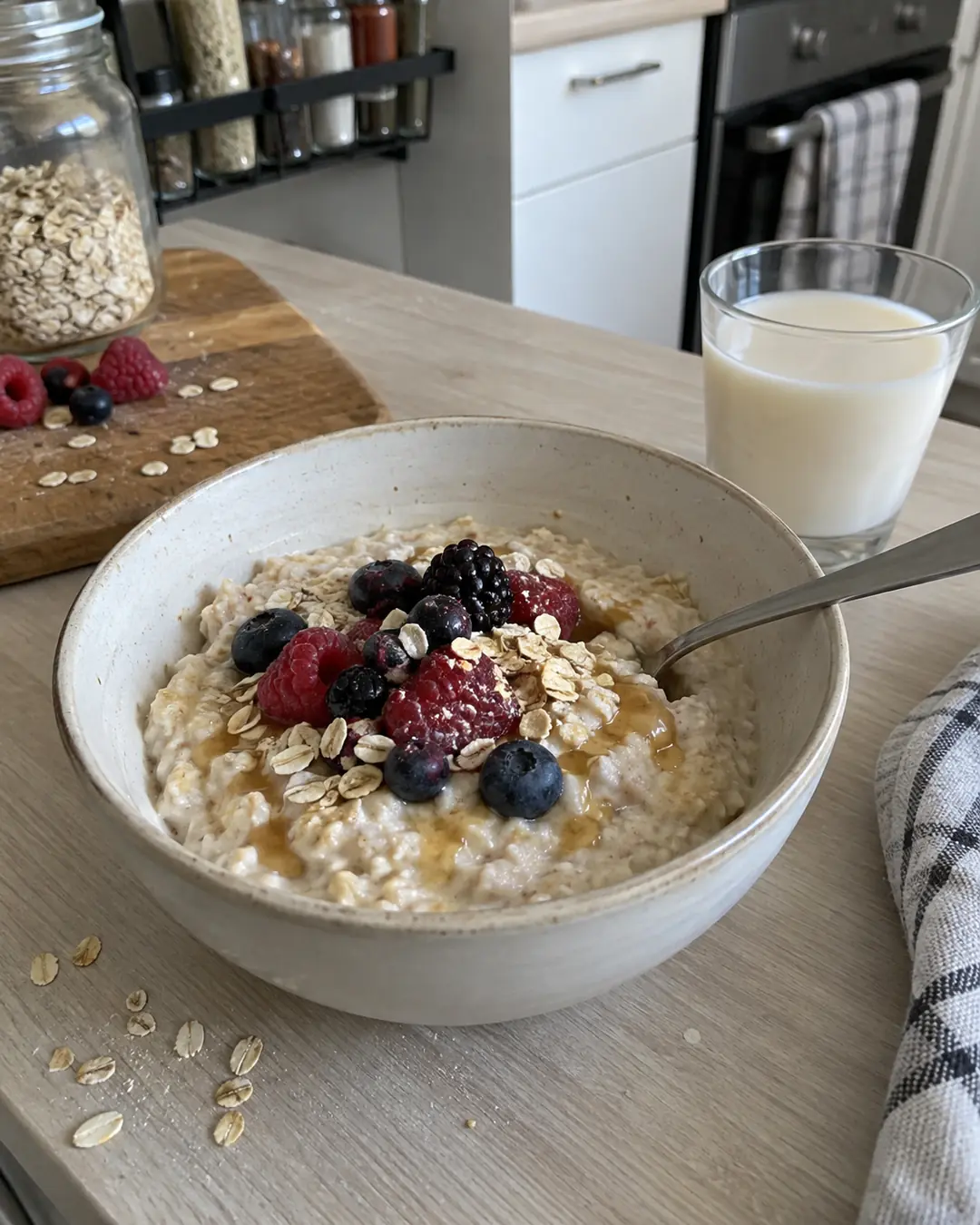 Schale mit cremigem Porridge aus Haferdrink, belegt mit Himbeeren, Brombeeren, Heidelbeeren und Haferflocken, daneben ein Glas Haferdrink auf einer hellen Küchenarbeitsplatte