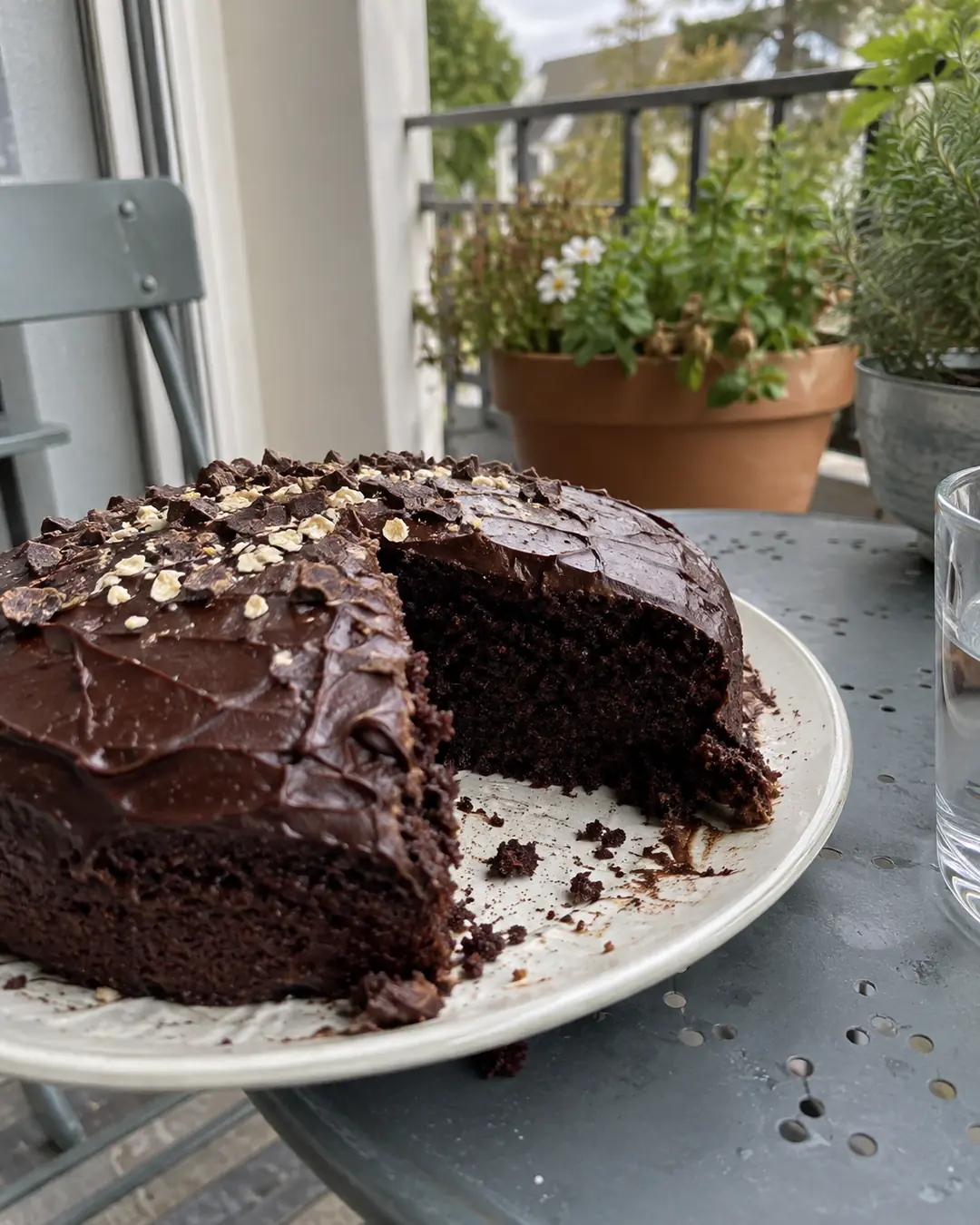 Dunkler saftiger Schokoladenkuchen mit Haferdrink, angeschnitten mit feuchter Krume