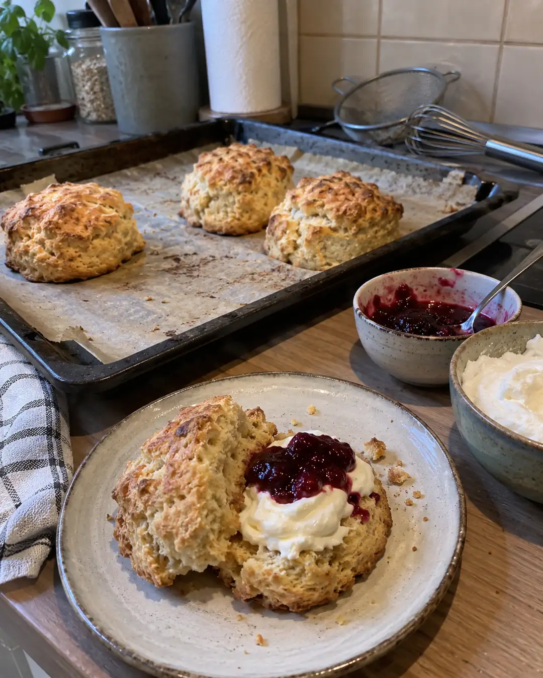 Hohe runde Scones mit Haferdrink, aufgebrochen, daneben Marmelade und pflanzliche Creme
