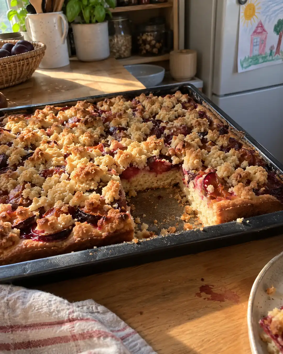 Streuselkuchen vom Blech mit Hefeteig aus Haferdrink und dicken goldbraunen Streuseln