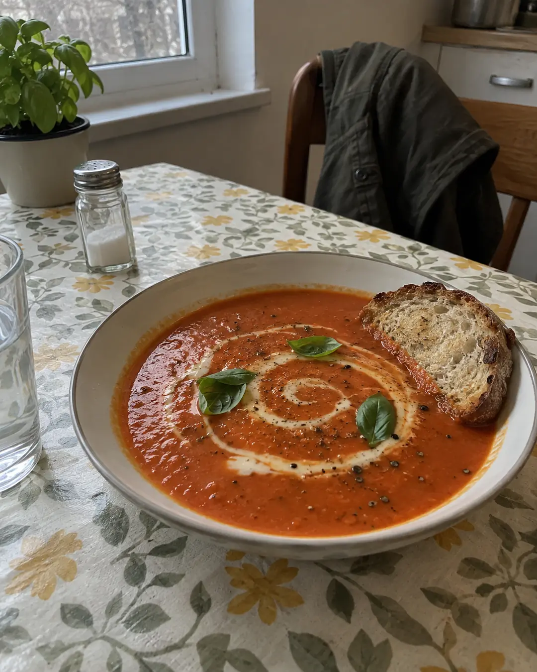 Teller cremige Tomatensuppe mit zuckerfreiem Haferdrink, mit einem hellen Spiralmuster und Basilikum