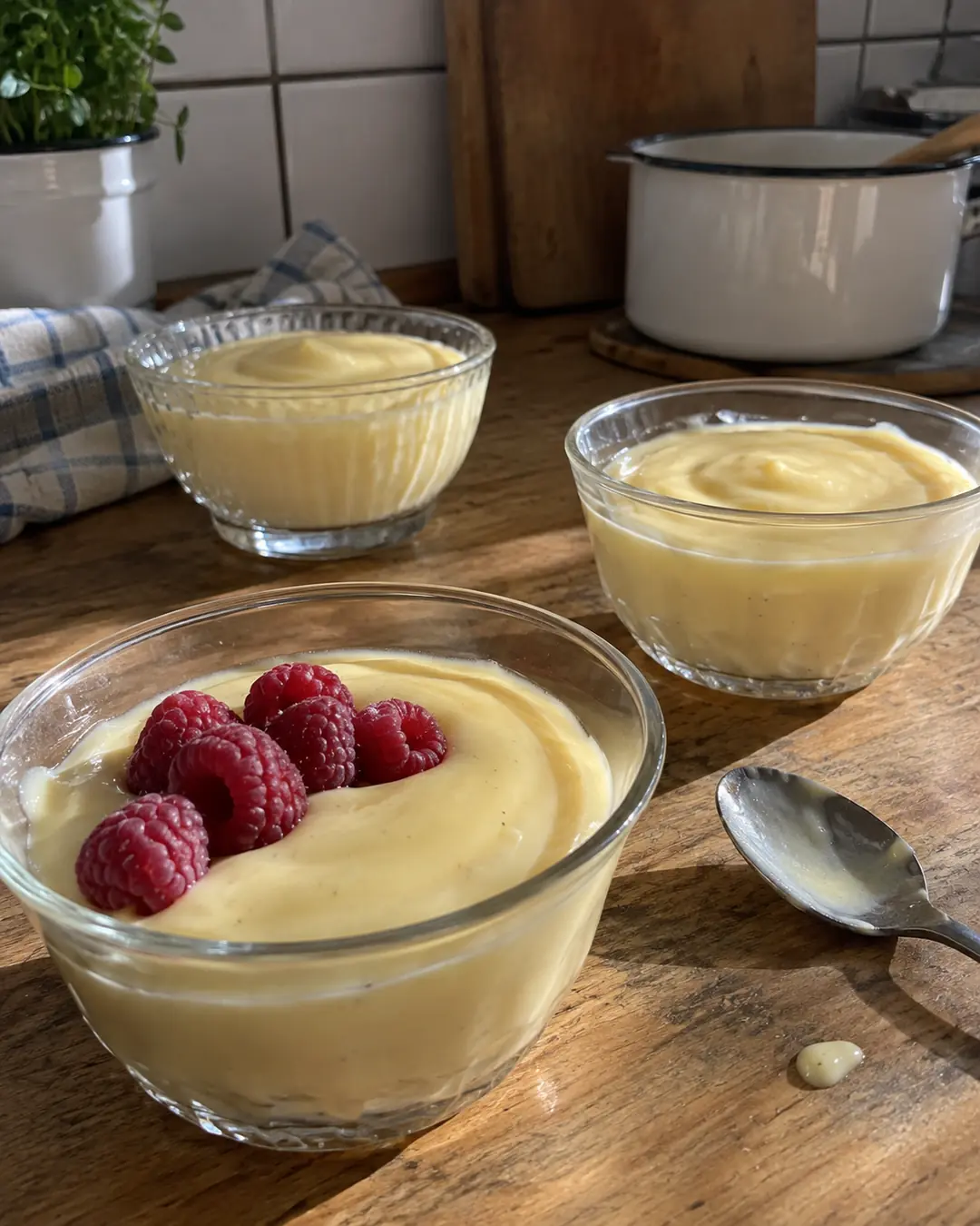 Glasschälchen mit selbst gekochtem Vanillepudding aus Haferdrink, mit frischen Himbeeren belegt