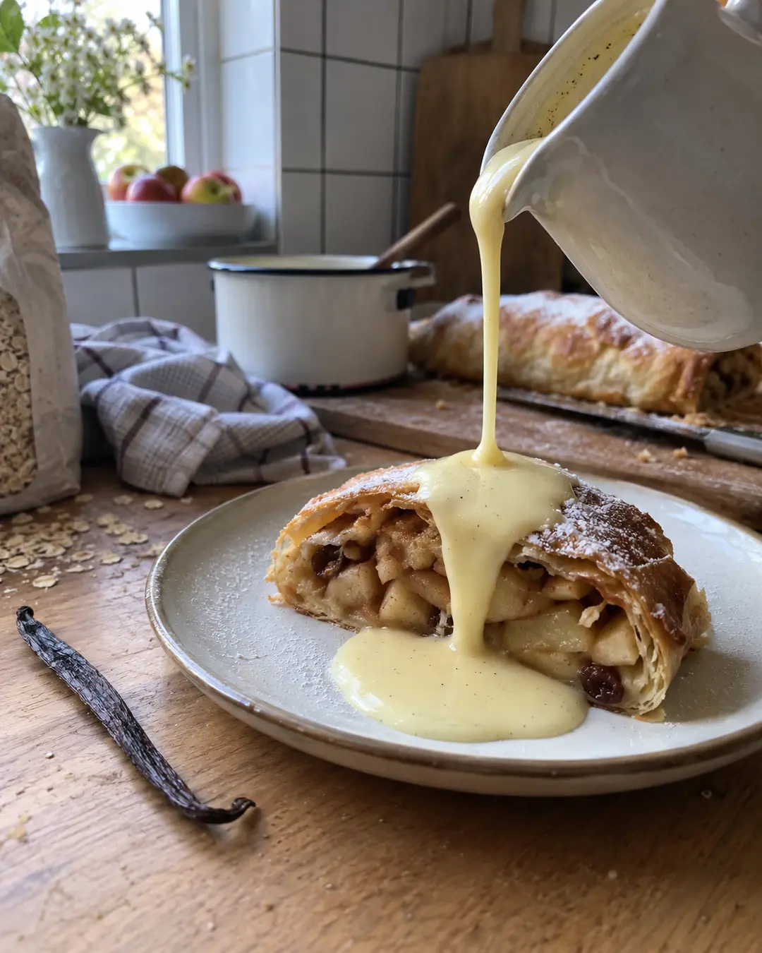 Kännchen mit selbst gekochter Vanillesauce aus Haferdrink, die über ein Stück Apfelstrudel gegossen wird