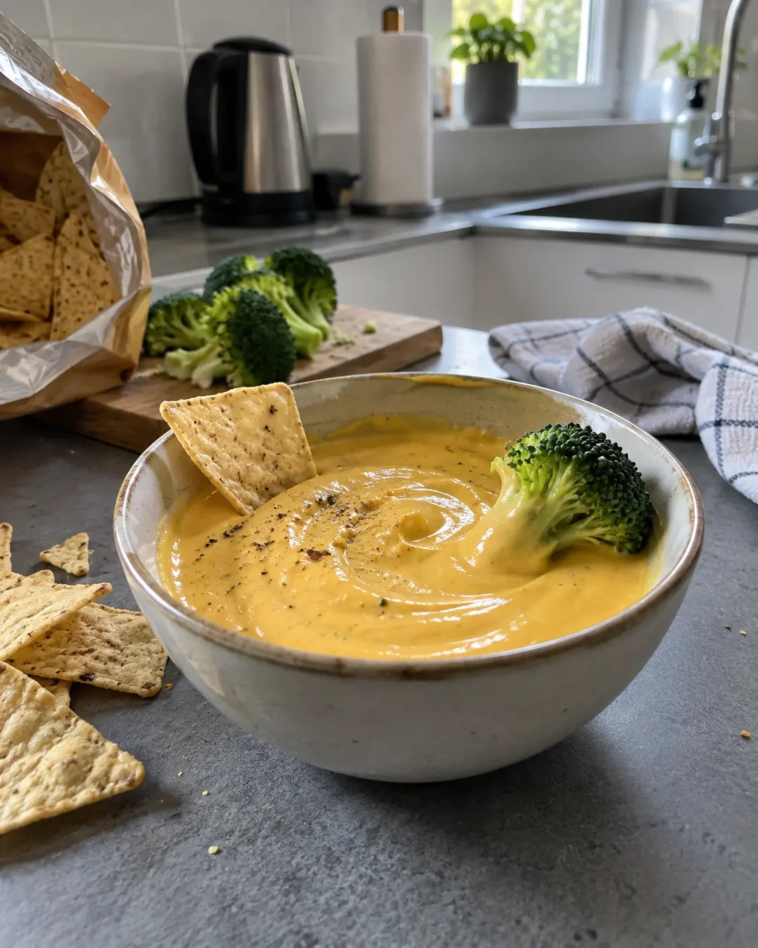 Schale vegane Käsesauce aus Haferdrink, Hefeflocken und Cashews, daneben Nachos und Brokkoli