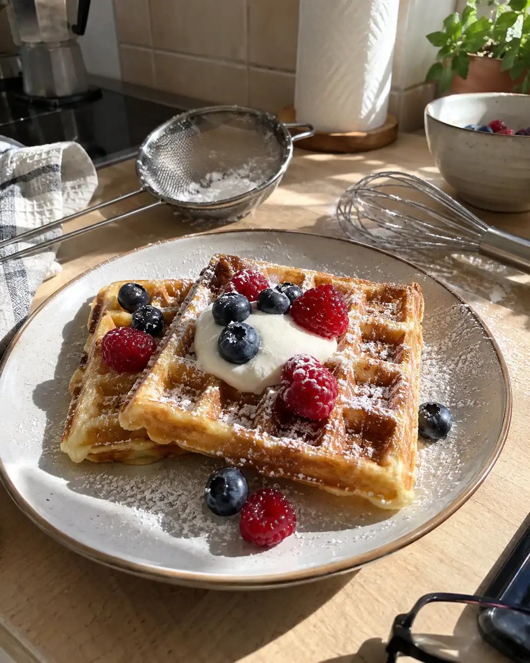 Zwei knusprige vegane Waffeln aus Haferdrink auf einem Teller, mit Puderzucker bestäubt und Beeren serviert