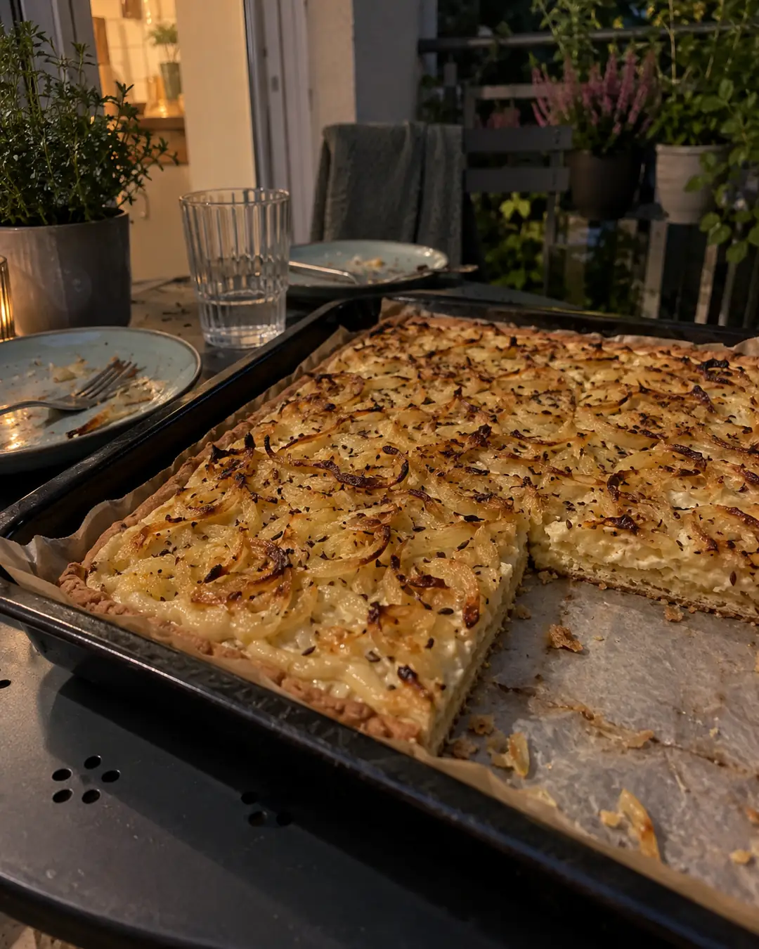 Zwiebelkuchen vom Blech mit geschmorten Zwiebeln in einem Guss aus zuckerfreiem Haferdrink, ein Stück herausgeschnitten